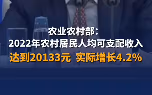 农业农村部：2022年农村居民人均可支配收入达到20133元，实际增长4.2%
