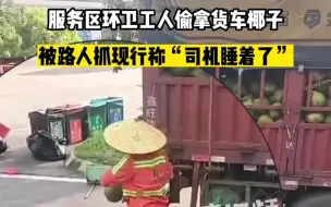 服务区环卫工偷拿货车椰子，被路人抓现行称“司机睡着了”