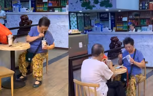 老奶奶约老爷爷喝奶茶 守着小桌认真吃小料 网友：是我老了的样子！