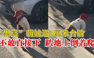 萌娃遇3厘米高台阶倒着爬下去：犹豫好一会，愣是没敢直接下