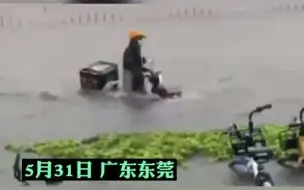 东莞暴雨外卖小哥坚持送餐，水淹半身推车踉跄前行，心酸又感动