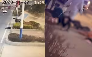 现场！福建一辆水泥车与三轮相撞 三轮被撞飞至路边花坛伤亡惨重