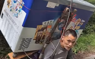 游客爬峨眉山时发现，一男子背140斤大冰柜上山