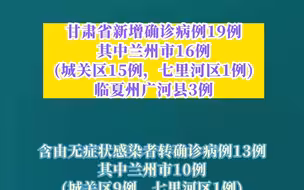 7月29日0—24时，甘肃省新增确诊病例19例，其中兰州市16例