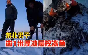 东北男子凿1米厚冰层挖冻鱼：每年冬天当地人都会砸冰找鱼