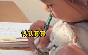 萌娃手把手教猫咪写字，一个认真教一个认真学
