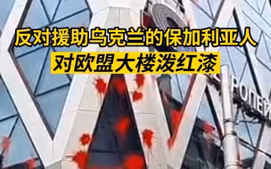 反对援助乌克兰的保加利亚人对欧盟大楼泼红漆