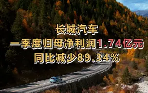 长城汽车：一季度归母净利润1.74亿元，同比减少89.34%