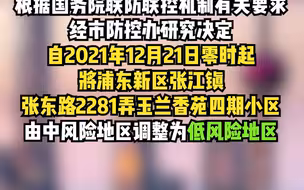12月21日零时起，上海中风险地区将清零，全域为低风险地区。