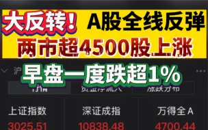 大反转，A股全线反弹，两市超4500股上涨，早盘一度跌超1%