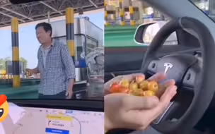 男子开车过收费站 前车师傅突然停下车 笑脸嘻嘻送来一大把樱桃