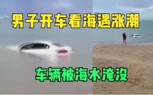 海南一男子开车看海遇涨潮，车辆被海水淹没，最终被挖掘机拖出