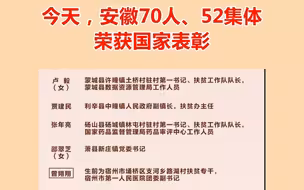 今天，安徽70人、52集体荣获国家表彰