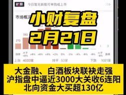 【小财复盘】大金融、白酒板块联袂走强，沪指盘中逼近3000大关收6连阳，北向资金大买超130亿