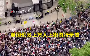 英国伦敦上万人上街游行示威 唐宁街首相府被包围