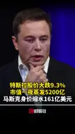 特斯拉股价大跌9.3%市值一夜蒸发5200亿 马斯克身价缩水161亿美元