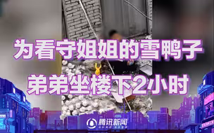 弟弟看护姐姐堆的雪鸭子坐楼下2小时 最后跑开玩耍，鸭子被踩毁
