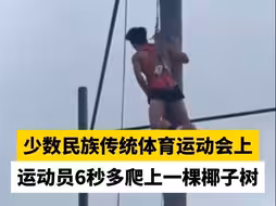 少数民族传统体育运动会上，运动员6秒多爬上一棵椰子树