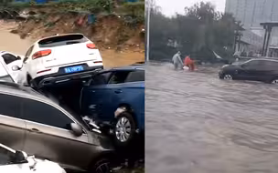 郑州遭暴雨部分街道被淹没 汽车被冲走叠罗汉铁路列车晚点