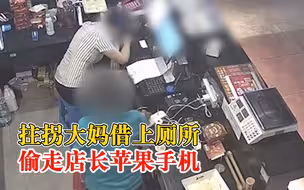 拄拐大妈借厕所偷走店长苹果手机，店长：睡着了没注意，很无语
