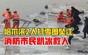 哈尔滨2人带狗打雪圈意外坠江，消防市民趴冰上救人