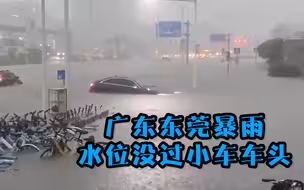 广东东莞暴雨：道路积水严重、市民被困街头 水位没过小车车头