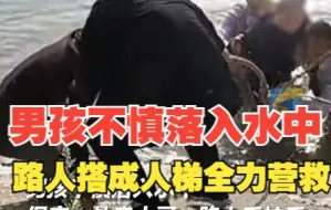 男孩不慎落入水中，保安、外卖小哥、路人手拉手，合力搭成人梯全力营救