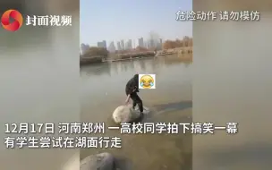 男生学鸭子在湖上冰面行走结果出糗 网友：真一步一个脚印