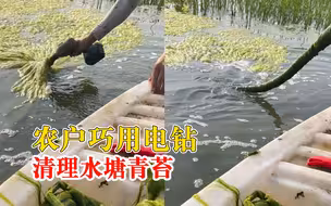 农户巧用电钻清理水塘青苔：很方便，20亩田几小时清完