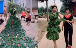 婆婆用树叶做孔雀开屏衣服给儿媳村头走秀