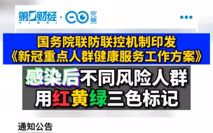 国务院联防联控机制印发《新冠重点人群健康服务工作方案》：感染后不同风险人群用红黄绿三色标记