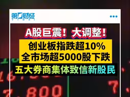 A股巨震！大调整! 创业板指跌超10% 全市场超5000股下跌 五大券商集体致信新股民