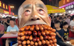 AI画一个大爷逛夜市，烤肠越吃越多