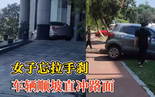 女子忘拉手刹车辆顺坡直冲路面，母子二人慌张追赶：车撞树才停下
