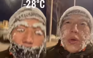 哈尔滨到底有多冷？男子晨跑后秒变“圣诞老人” 全脸挂满冰霜
