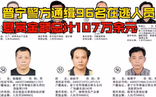 普宁警方公开通缉96名在逃人员，悬赏金额总计107万余元