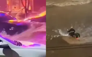 陕西渭南现极端强降水：地下车库进水淹过汽车 外卖小哥涉水骑行