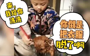 快过年了，小朋友穿着衣服鞋子和小狗一起洗了个澡