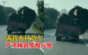 满载木材货车严重倾斜缓慢行驶，后车司机：挺危险，要注意安全