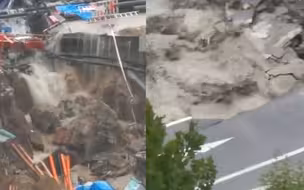 郑州连续暴雨致一在建地铁工地塌陷 暂无无人员伤亡 现场画面曝光