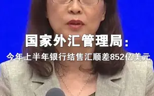 国家外汇管理局：今年上半年银行结售汇顺差852亿美元