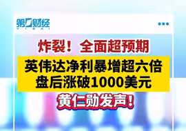英伟达净利同比暴增近630% 盘后涨破1000美元！