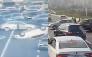 上海中环四车连环相撞现场：一车“四脚朝天”翻转 三车横亘路面