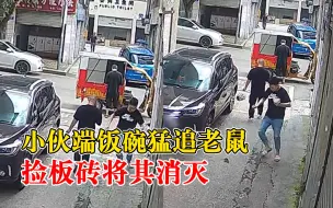 小伙端饭碗猛追老鼠捡板砖消灭：如果没捡到砖，就要用碗砸了