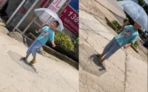 男孩室外打透明伞遮太阳 路人忍不住大笑 网友：遮了，但没完全遮