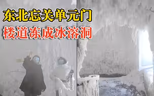 东北忘关单元门楼道冻成冰溶洞，拍摄者：怕造成危险拍照后清理了